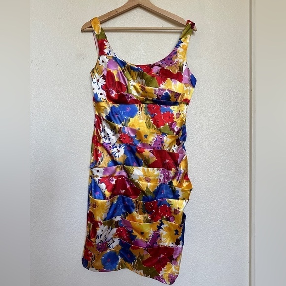 Bisou Bisou By Michele Bohbot Floral Yellow Red Silky Satin Layered Dress - Picture 2 of 6